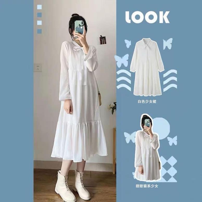 Đầm midi buộc nơ 3 tầng nữ - Váy tay dài viền bèo thiết kế nhẹ nhàng bánh bèo tiểu thư SIÊU HOT ! *