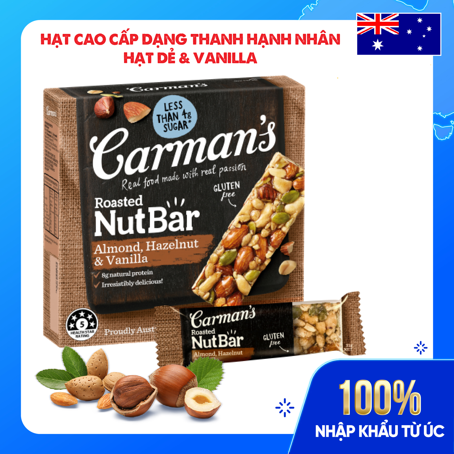 Thanh Hạt Carman's Nut Bar Hạnh Nhân, Hạt Phỉ, Vanilla - Almond, Hazelnut, Vanilla - Hộp 175g