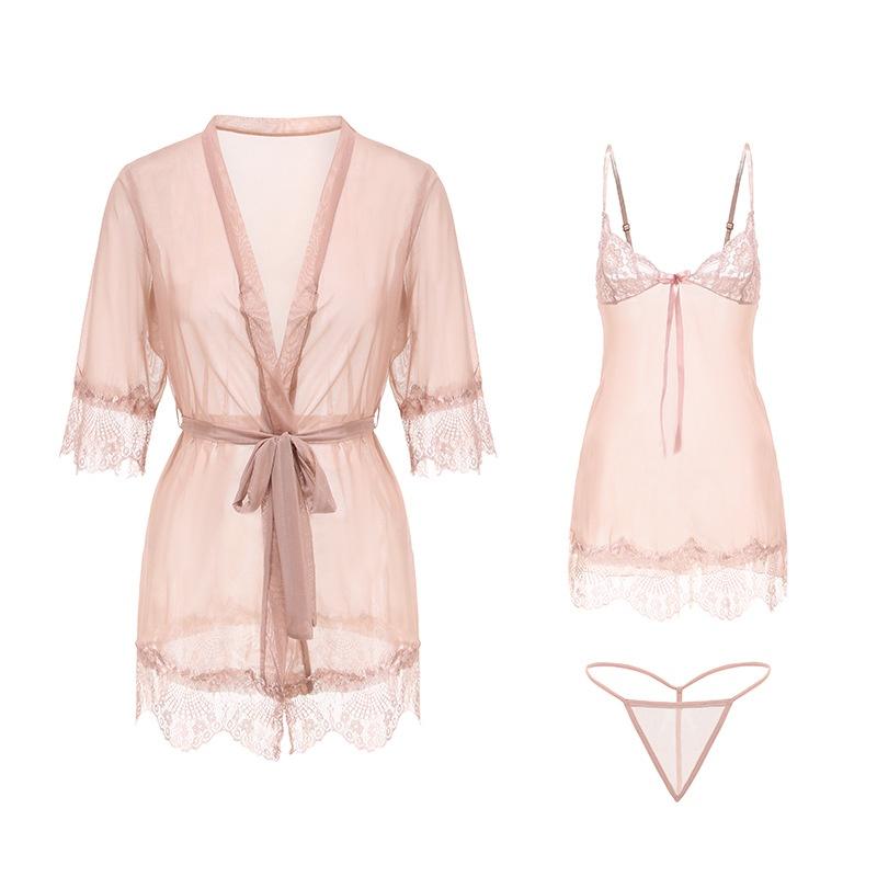 Đầm ngủ 2 dây xuyên thấu kèm áo choàng gợi cảm cao cấp váy ngủ sexy nơ phối ren ngực quyến rũ BIKI HOUSE N115