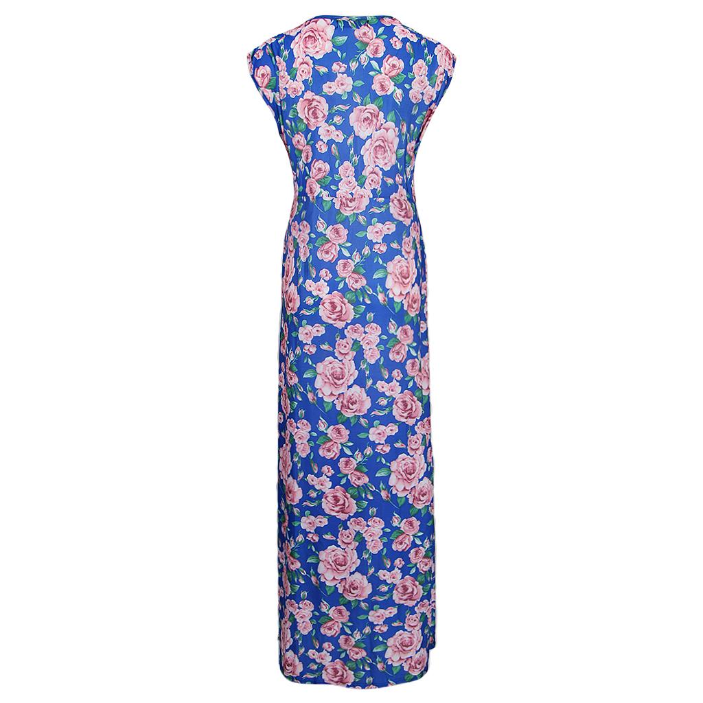 Women's V Neck Sleeveless Stretchy Wrap Waist Floral Boho Maxi Beach Party Dresses