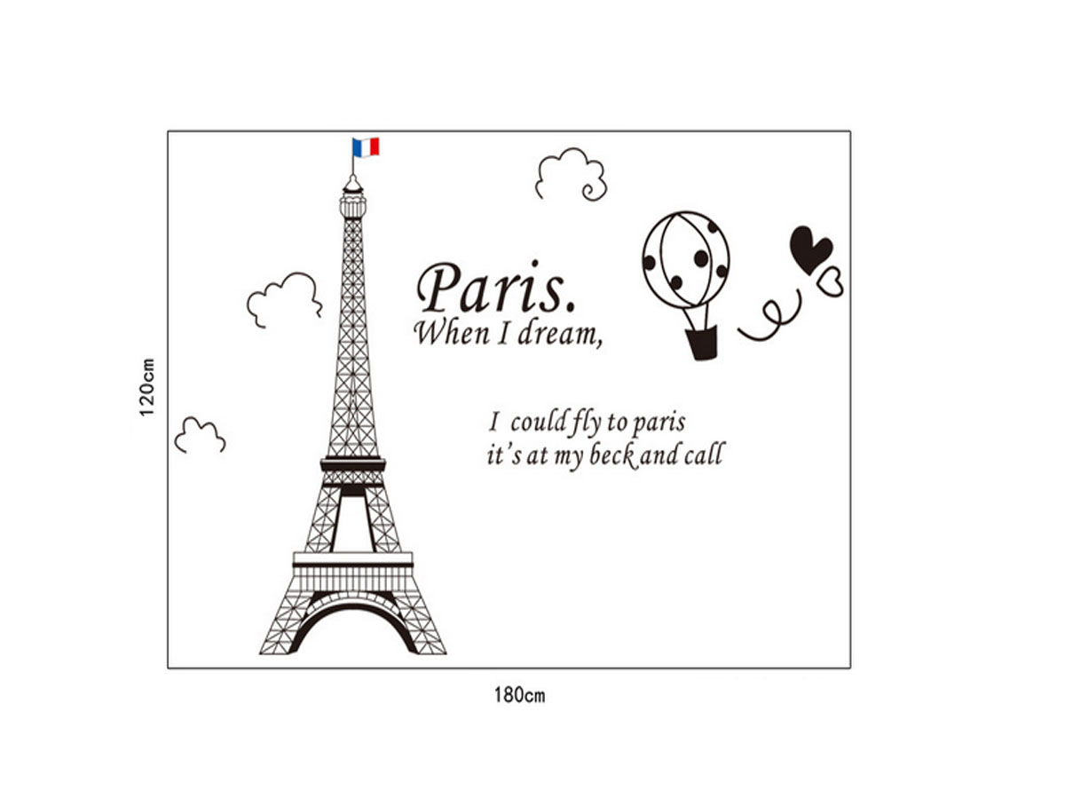 Decal dán tường thành phố paris mộng mơ và tháp eiffel đen