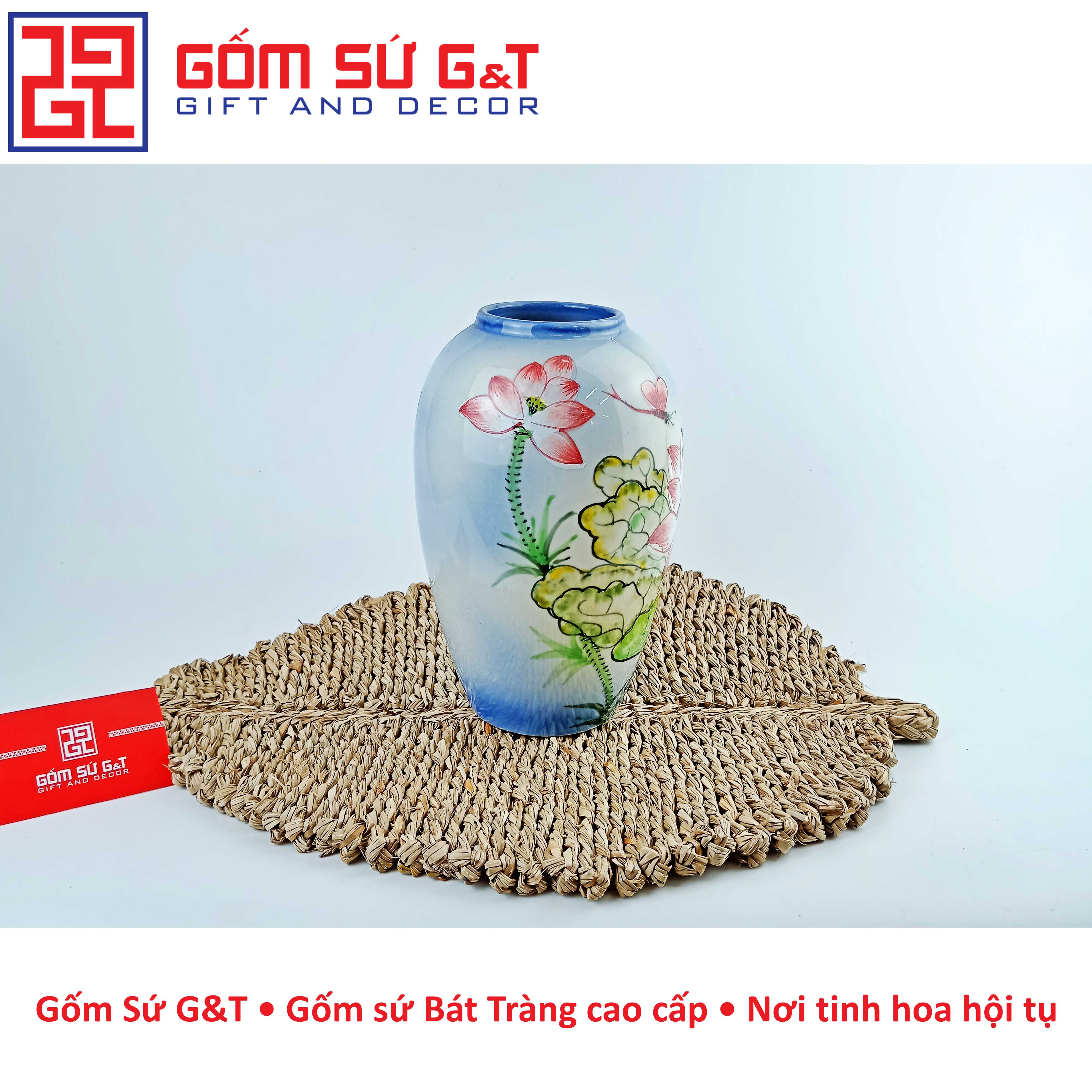 Lọ hoa dáng bom vẽ sen chuồn Gốm Sứ G&amp;T