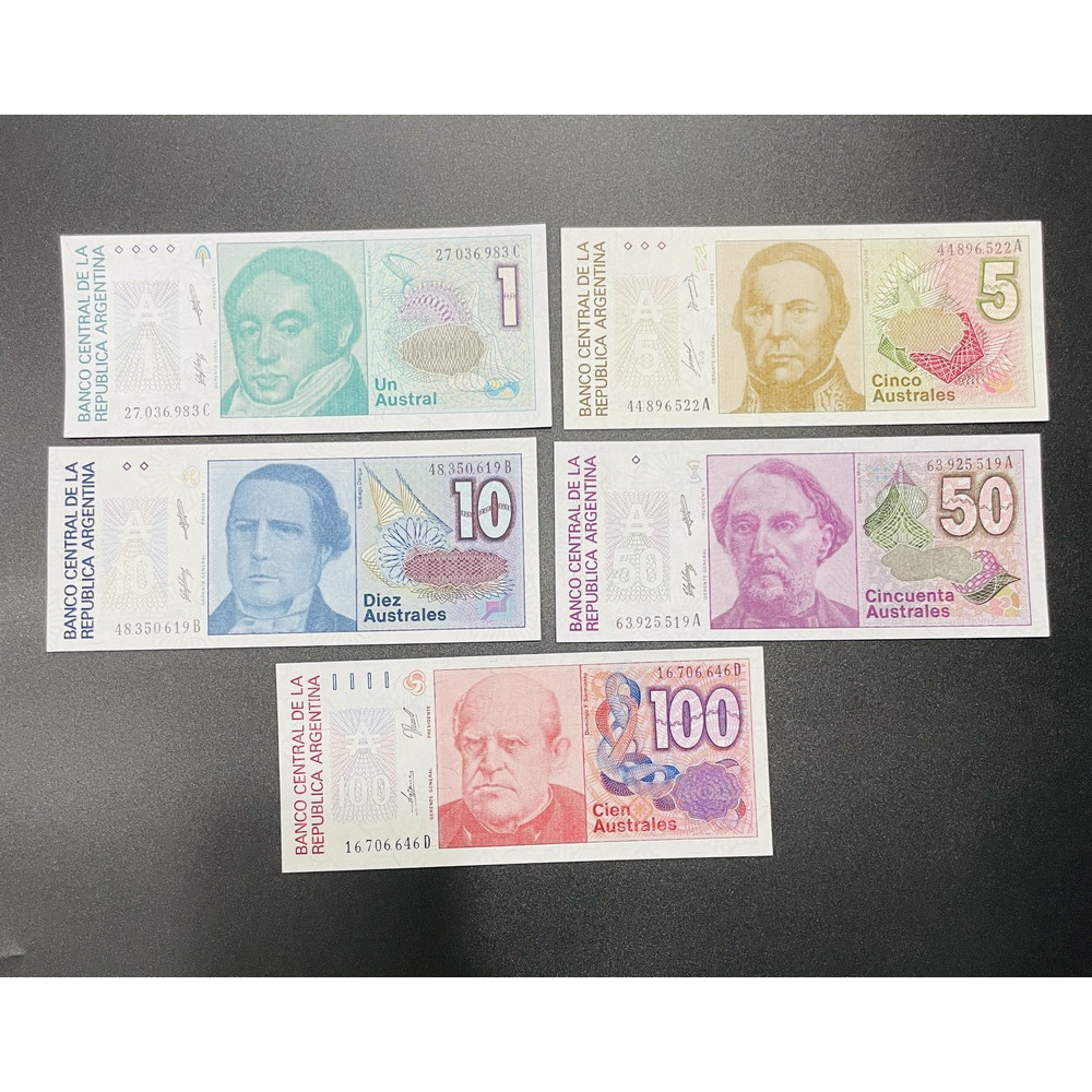 Bộ tiền của Argentina 5 tờ mệnh giá khác nhau 1 5 10 50 100 Pesos - Mới 100% UNC - tiền châu Mỹ