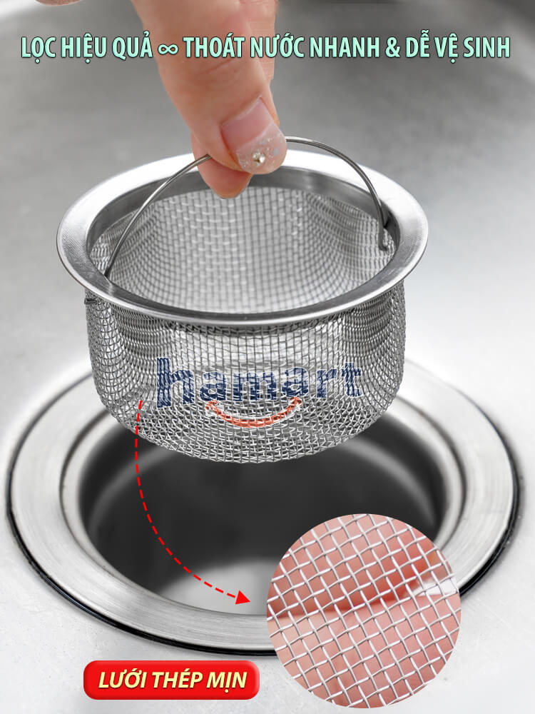 Giỏ Lọc Rác Bồn Rửa Bát INOX 304 Rổ Lọc Rác Chậu Rửa Chén Có Quai Xách Thoát Nước Nhanh Tiện Lợi