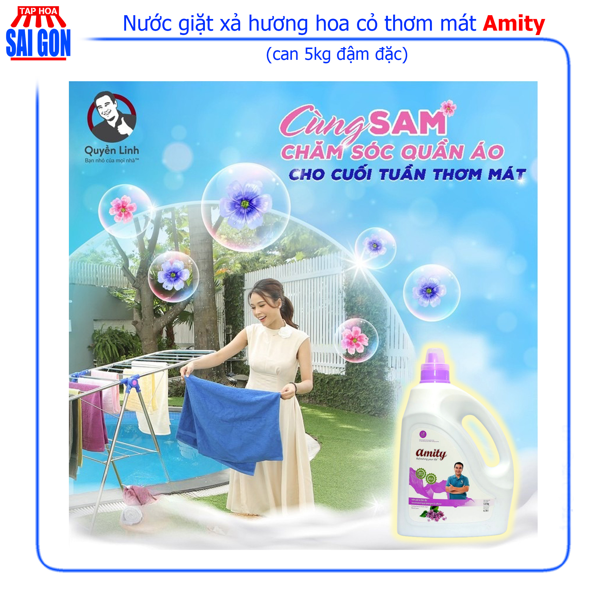 Nước Giặt Xả Amity màu tím hương hoa cỏ thơm mát can 5kg với công nghệ hạt lưu hương giữ mùi thơm nhẹ nhàng suốt cả ngày