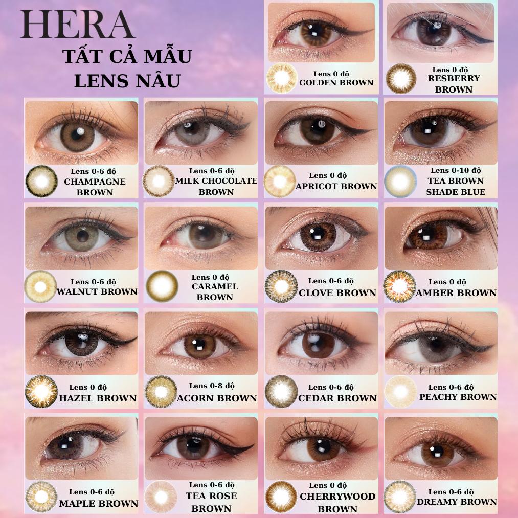 Kính Áp Tròng Hera Nâu Bóng Viền Đen 0 - 6 Độ CHAMPAGNE BROWN Nhập Khẩu Hàn Quốc Lens Cận 6 Tháng