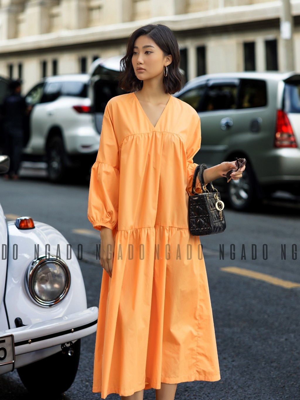 Đầm babydoll cam dài tay NGADO , đầm nữ , Đầm suông , Đầm phom rộng