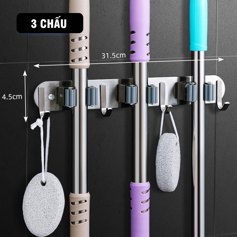 Móc treo chổi, móc treo cán cây lau nhà chất liệu inox dán tường bằng keo 3 chấu