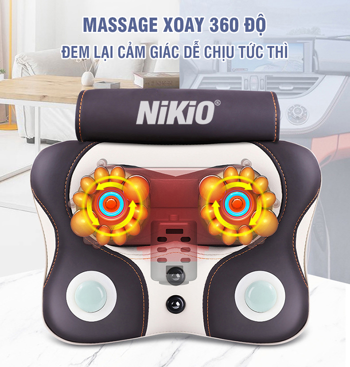 Máy (Gối) Massage Đấm Bóp Cổ Vai Gáy Nikio NK-136AC - Con Lăn 3D Xoa Bóp Chuyên Sâu Kết Hợp Hồng Ngoại Trị Liệu Đau Mỏi Cổ, Hỗ Trợ Mát Xa Lưng - Tặng Kèm Cáp Dùng Trên Ô Tô