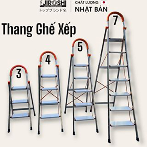 Thang ghế thắp hương gấp gọn nhôm inox Jiroshi 3 4 5 7 bậc, thang xếp gia đình inox nhật bản có tay vịn thông minh.