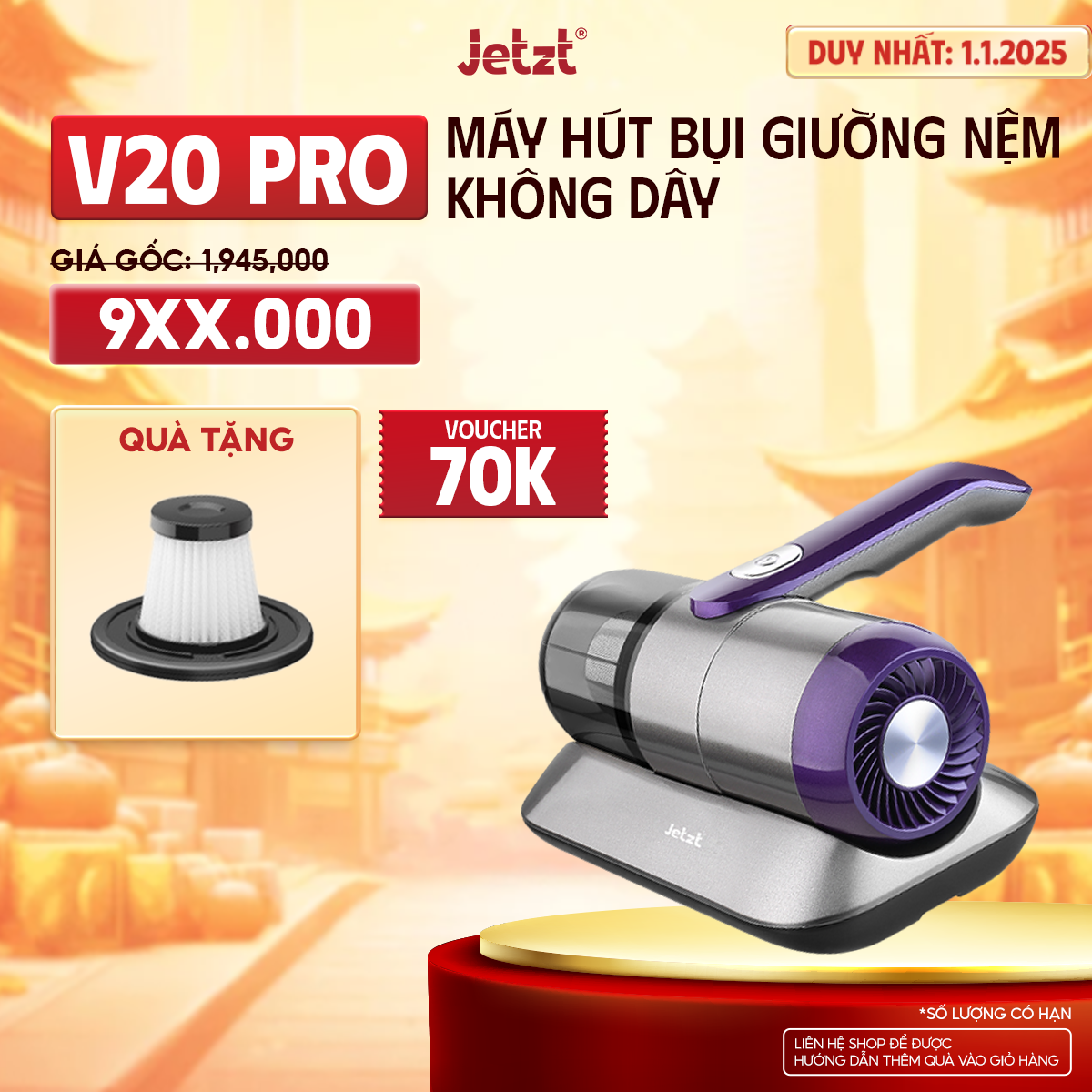 Máy Hút Bụi Giường Nệm Diệt Khuẩn Uv Jetzt V20 Pro Không Dây Cầm Tay, Hàng Chính Hãng