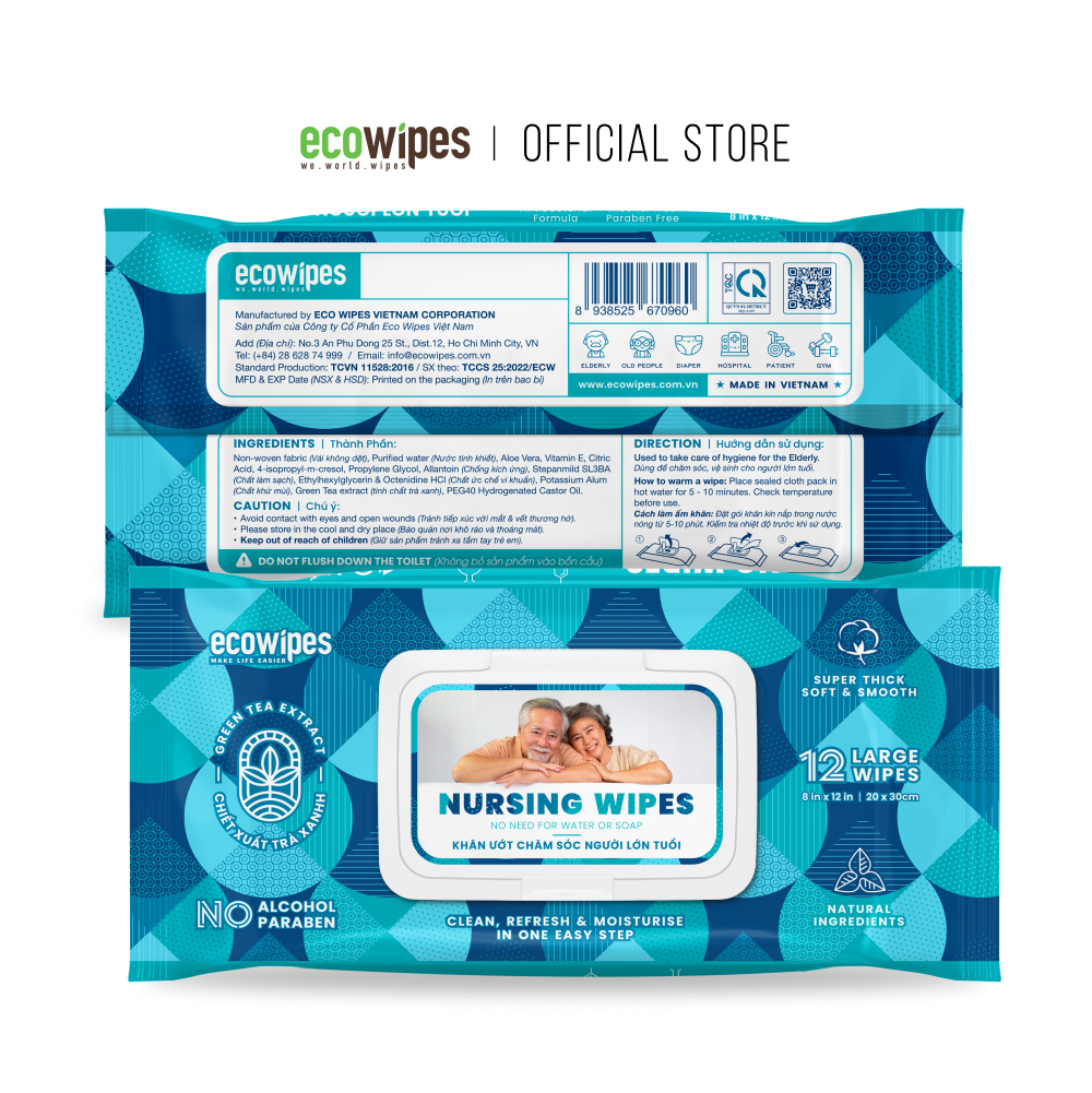 Khăn giấy ướt vệ sinh cơ thể NursingWipes gói 12 khăn size lớn 30x20cm hương trà xanh lau người lớn tuổi, người bệnh, người đi phượt dùng 1 lần