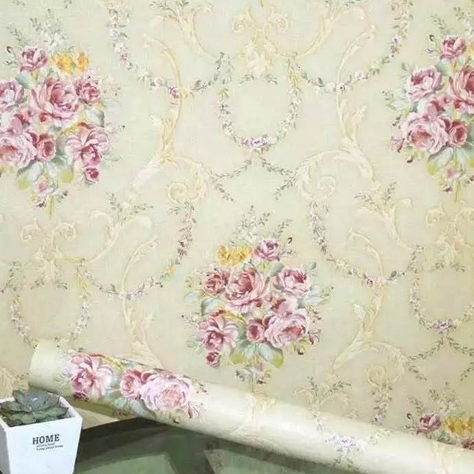 Cuộn 5m Decal Giấy Dán Tường Chùm hồng cổ điển vàng kem