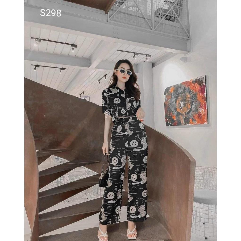 Set bộ in hình kèm quần ống rộng cài nút thật 2 màu y hình