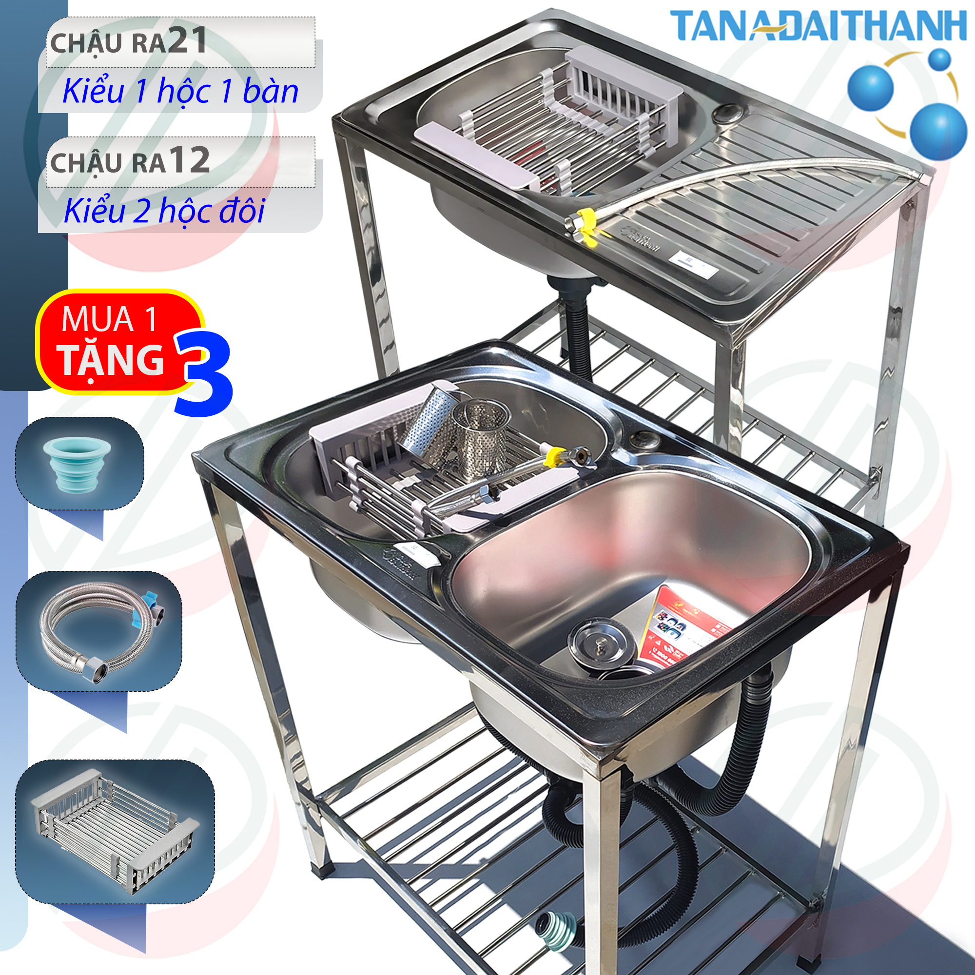 Bộ Chậu rửa bát Inox TÂN Á ĐẠI THÀNH Có Chân - Gồm 2 mẫu 1 hộc có bàn hoặc 2 hộc, Tặng rổ rút, dây cấp inox, đầu nối ống xả chống hôi
