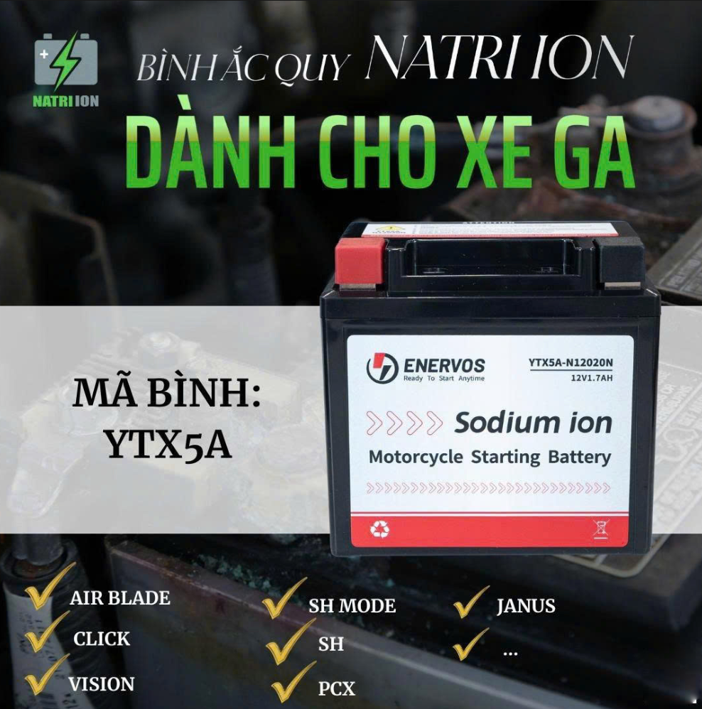 Bình Ắc Quy Xe Máy Natri iOn YTX5A 12V-5Ah, dùng cho Vision, SH Mode, Lead125, AIR BLADE125, PCX, JANUS