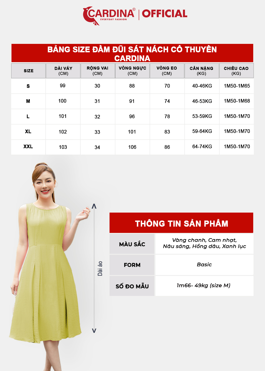 Đầm Nữ CARDINA Chất Đũi Bambo Cao Cấp Sát Nách Cổ Thuyền Trẻ Trung Tôn Dáng 3VD04