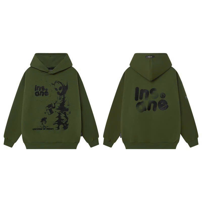 áo hoodie in chữ nối mới về insane màu xanh rêu unnerse of freaay nón rộng 2 lớp from rộng unisex ulzzang, áo khoác hoodie cặp đôi nam nữ phong cách cá tính hàn quốc dễ phối đồ