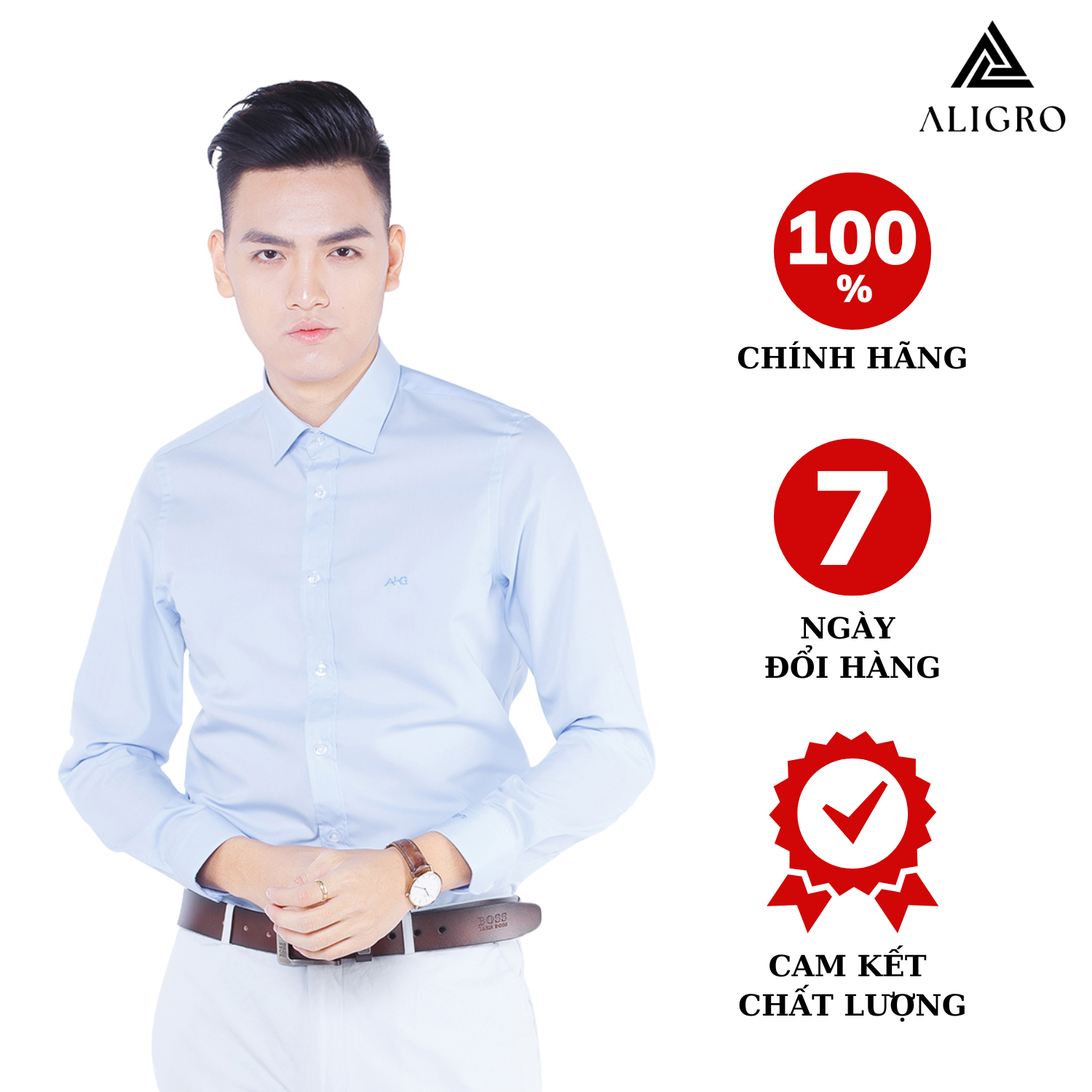 Áo sơ mi nam dài tay ALIGRO cổ bẻ dáng ôm body, 100% chất cotton xanh da trời ALGS143