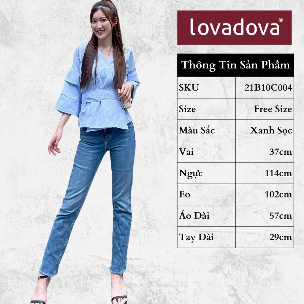 Áo Kiểu Nữa, Dài Tay, Cách Điệu Áo Đắp Chéo, Nơ Thắt Giữa Eo, Tay Áo Bèo, Màu Xanh Sọc - Lovadova 21B10C004