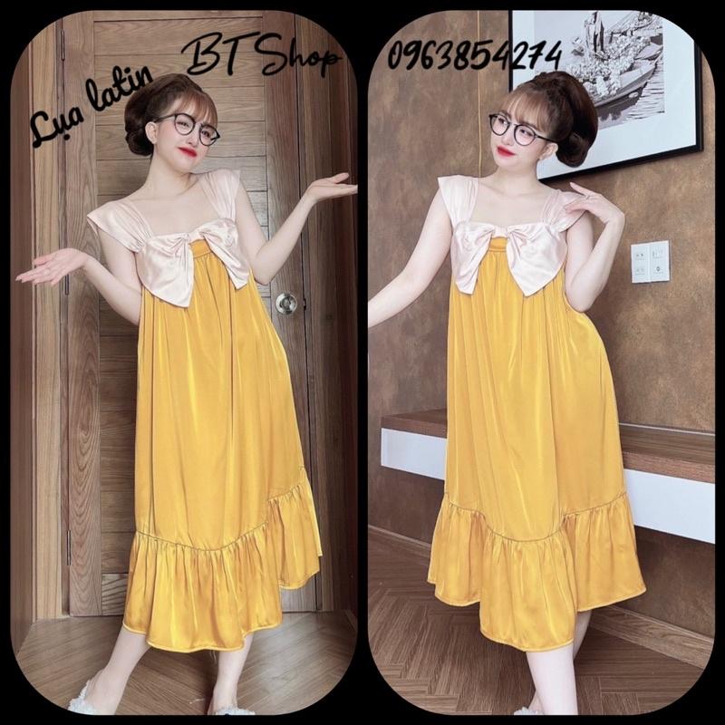 Váy đầm ngủ mặc nhà lụa latin nơ màu trơn freesize 42-57kg