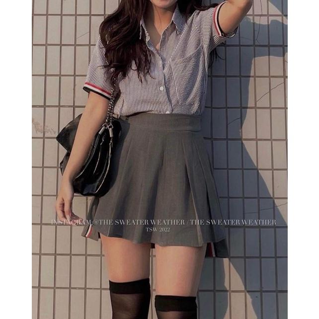 Set bộ, Chân váy xếp li tennis và áo sơ mi kẻ đen cổ bẻ Hàn Quốc Ulzzang phong cách nữ tính PHULA