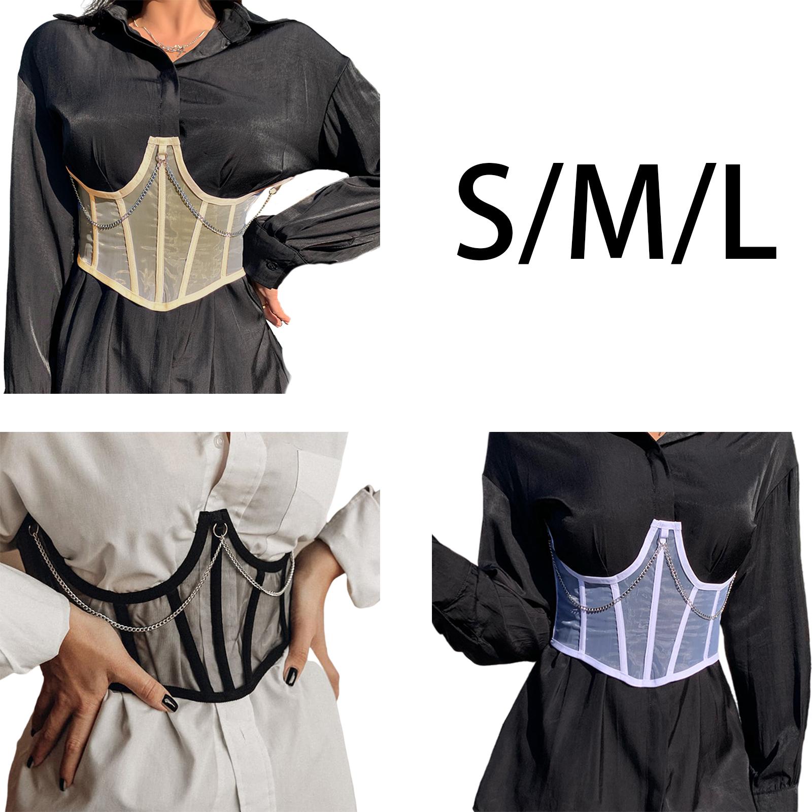 Women Corset Belt Mesh Lace Up Bustier Corset Metal Chain Boned Overbust Waist Cincher Wide Belt for Dress Shirt Blouse