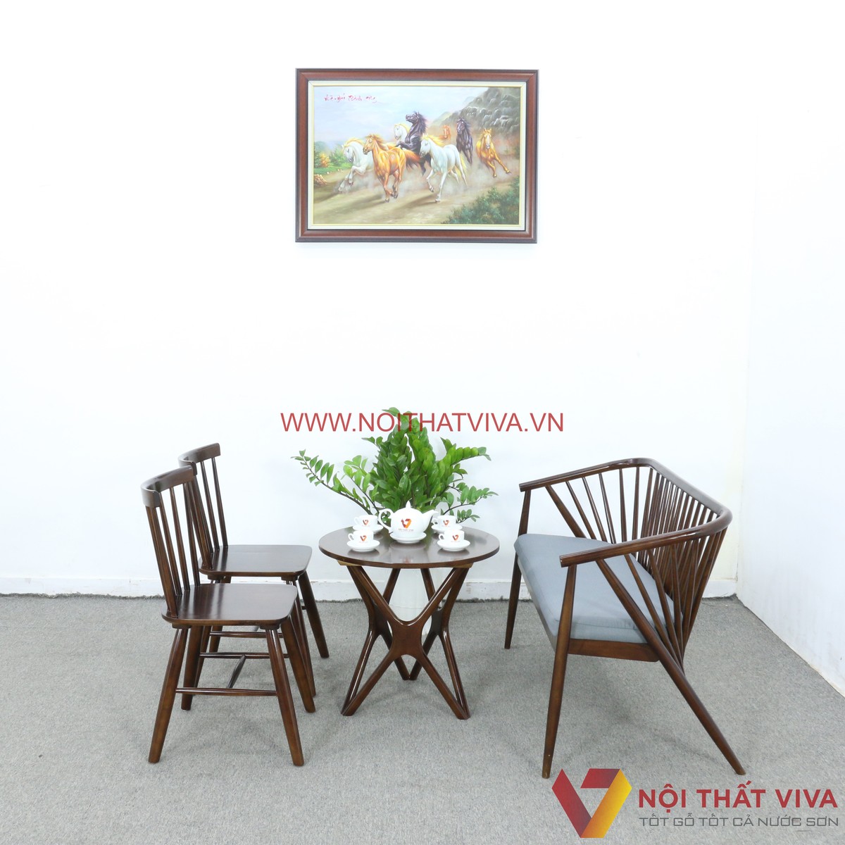 Bộ Bàn Trà Đơn Giản Ghế Nan Bọc Vải Gỗ Cao Su Màu Óc Chó Đẹp Sang Trọng