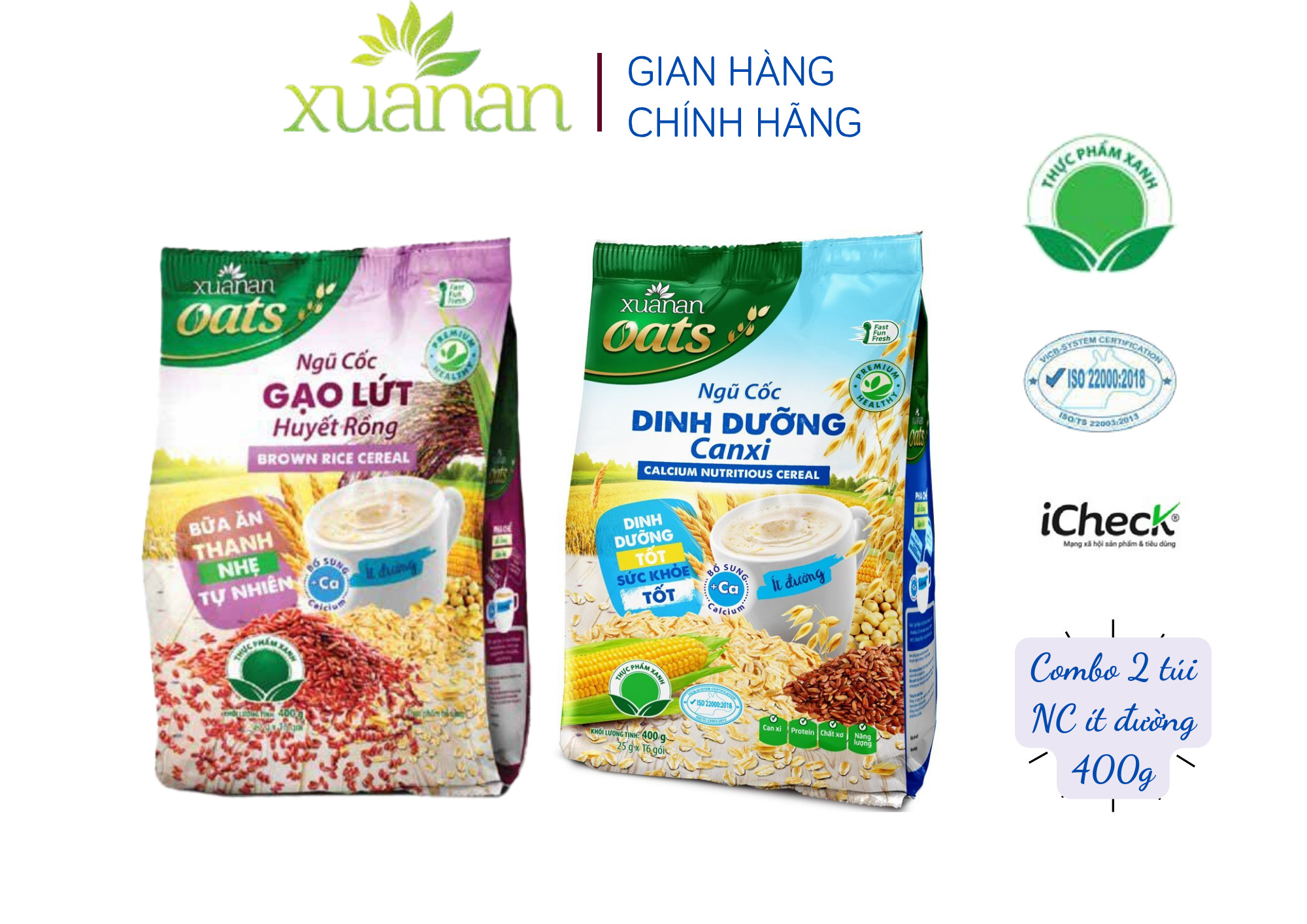 Combo Ngũ Cốc Gạo Lứt Huyết Rồng 400G + Ngũ Cốc Dinh Dưỡng Canxi 400G [ít đường](Tặng Kèm 1 Túi Yến Mạch 150G)