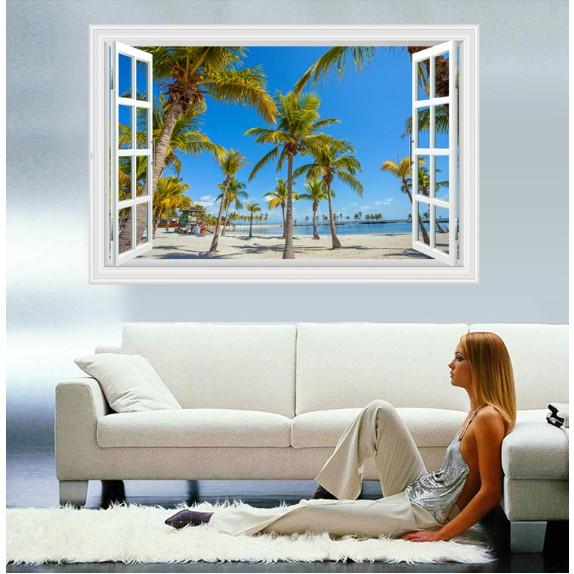 Decal trang trí khung cửa sổ 3D nhiều cây Dừa ở ngoài biển