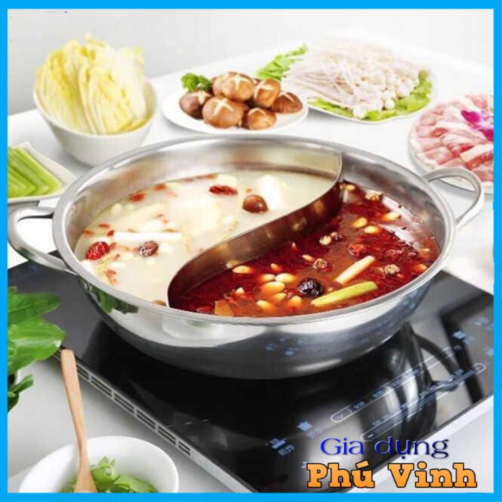 Nồi lẩu 2 ngăn Hotpot 32cm, nấu được bếp từ, có nắp kính (ảnh thật)