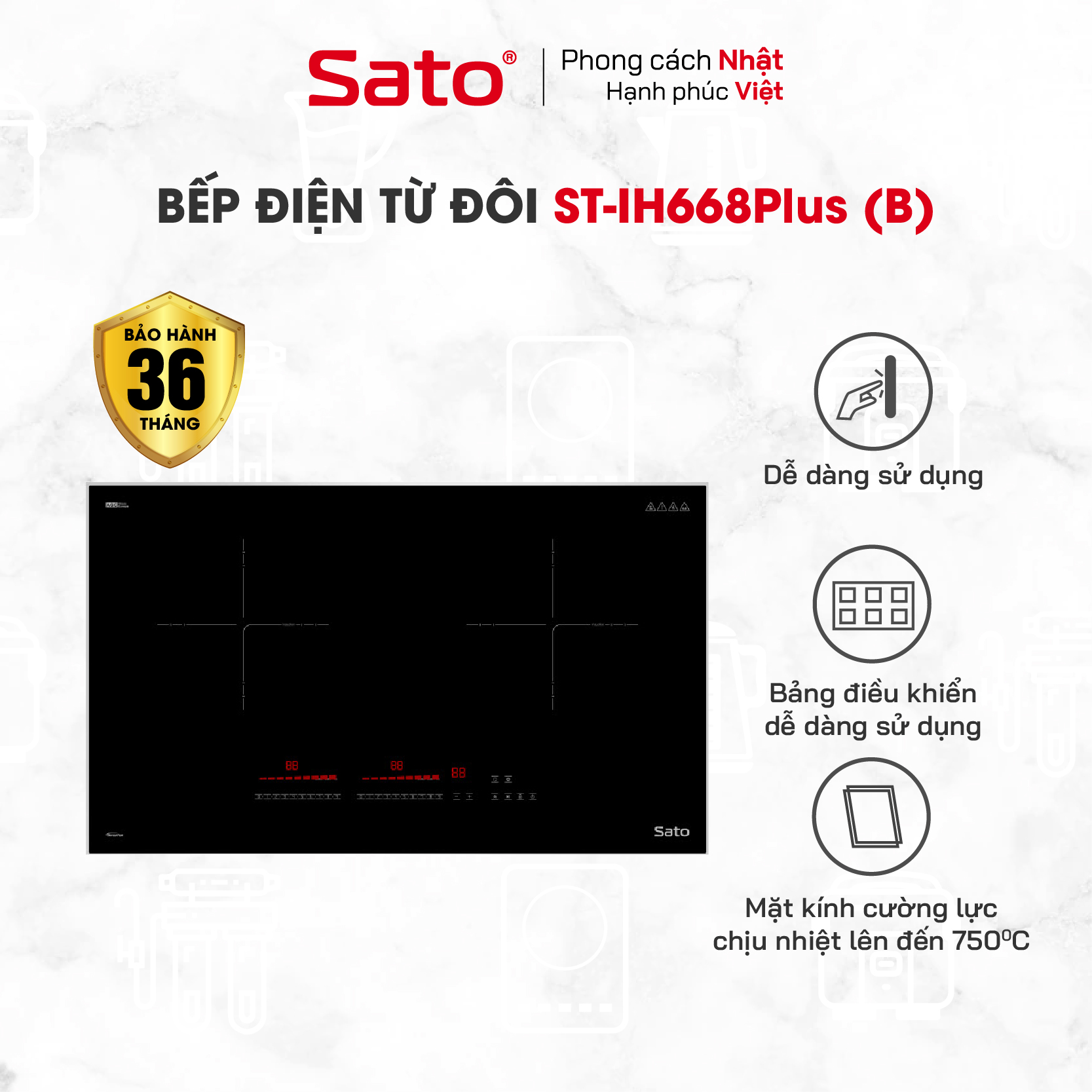 Bếp Điện Từ Thông Minh SATO IH668Plus (B) - CÔNG NGHỆ INVERTER Tiết kiệm điện năng tiêu thụ lên đến 40% - Miễn phí vận chuyển toàn quốc (Tặng 1 bộ nồi Inox 3 đáy) - Hàng chính hãng