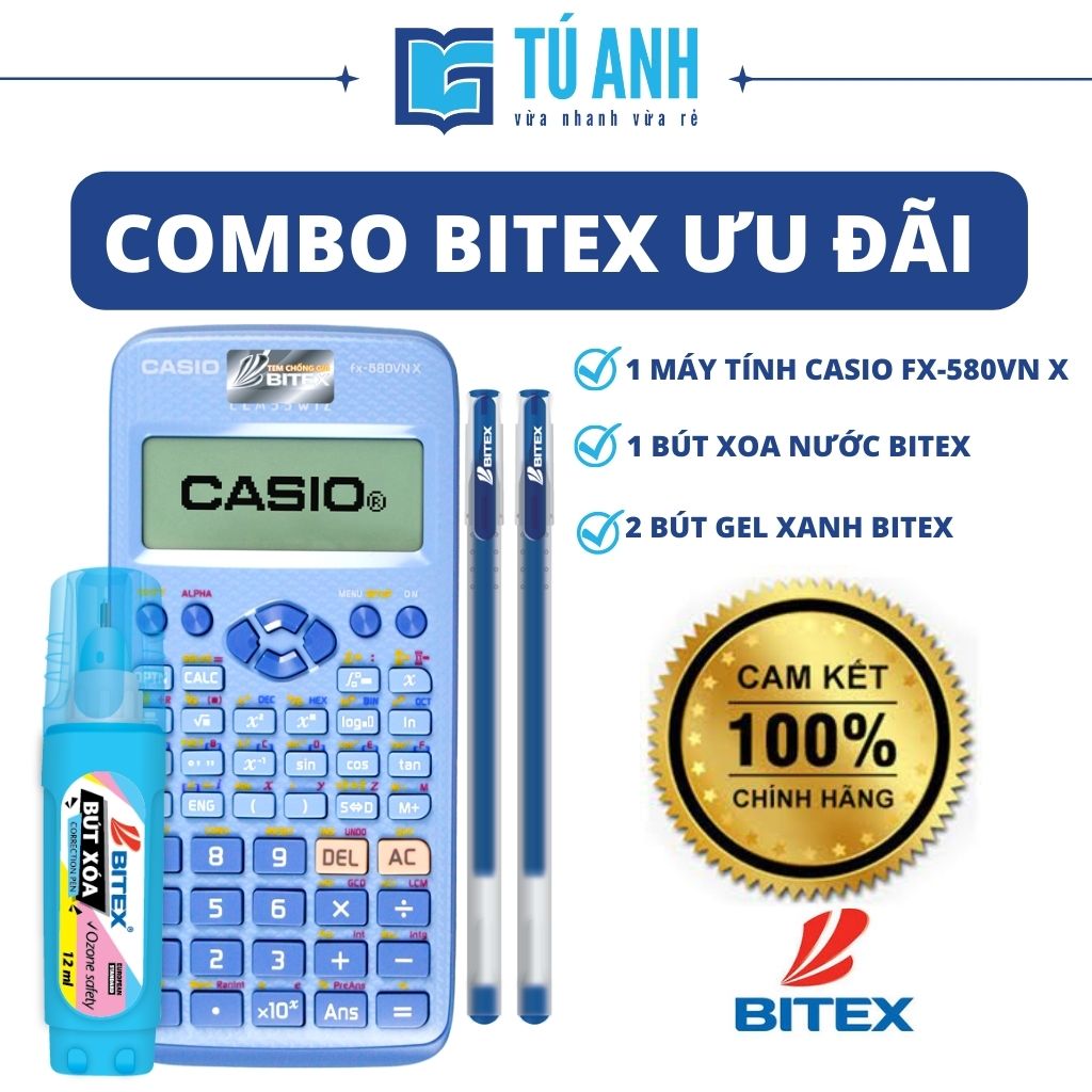 [ Combo Bitex Ưu Đãi ] - Máy Tính Khoa Học Casio FX-580VNX [1] + Bút Gel Xanh [2] + Bút Xóa Nước [1