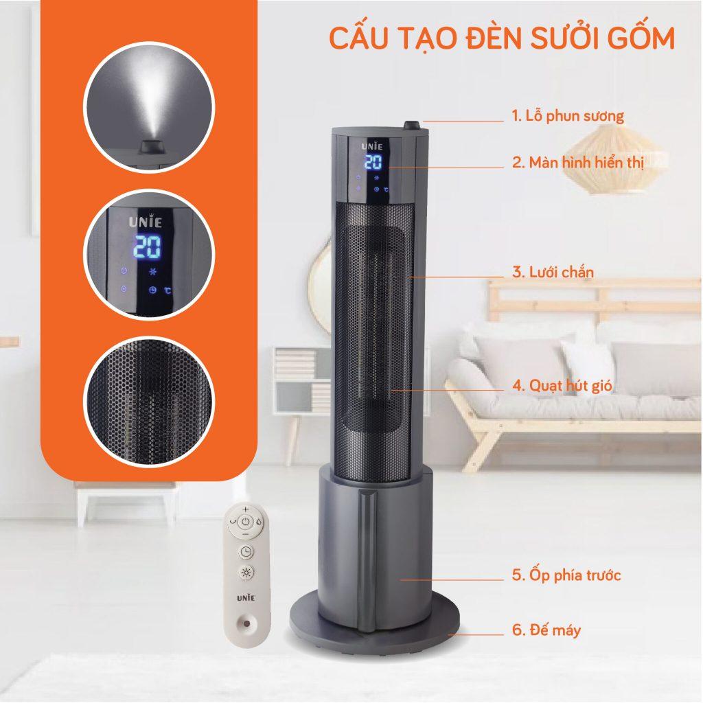 Máy Sưởi Gốm Unie UE129, Công Suất 2200w - Điều Khiển Từ Xa, Phun Hơi Bù Ẩm, Hàng Chính Hãng