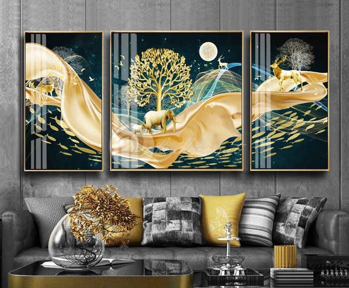 Bộ 3 tranh treo tường ép lụa kim sa tặng khung và đinh 3 chân - tranh treo tường phòng khách - phòng ngủ - khach sạn - nhà hàng