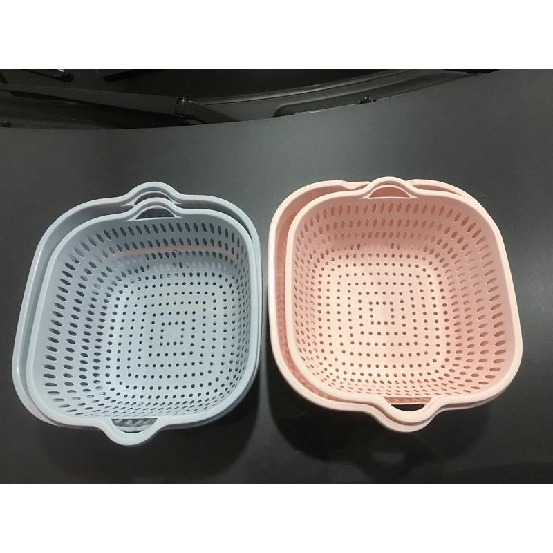 Bộ Thau Rổ 2 Lớp Vuông Nhựa Việt Nhật 2 Món, Bộ Rổ Kèm Chậu Hứng Nước Rau Củ Nhà Bếp Tiện Lợi