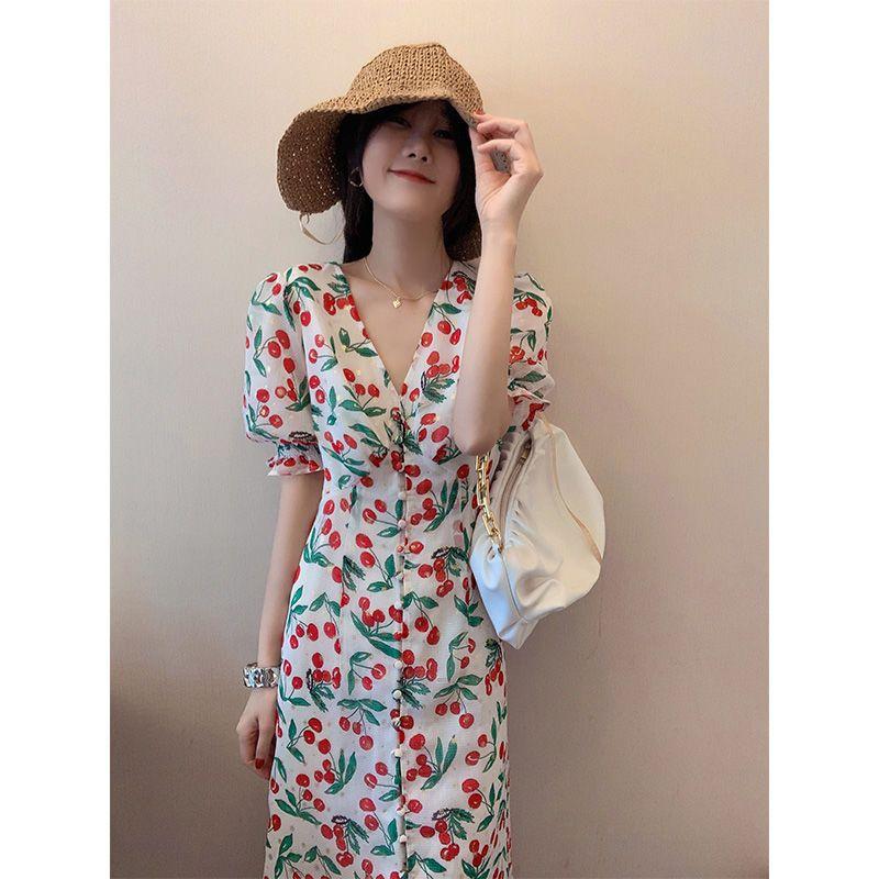 TOBE1SHOP 2021 mùa hè thắt lưng ngọt ngào trà nghỉ váy nữ Pháp anh đào chiffon hoa bong bóng tay áo đầm dài