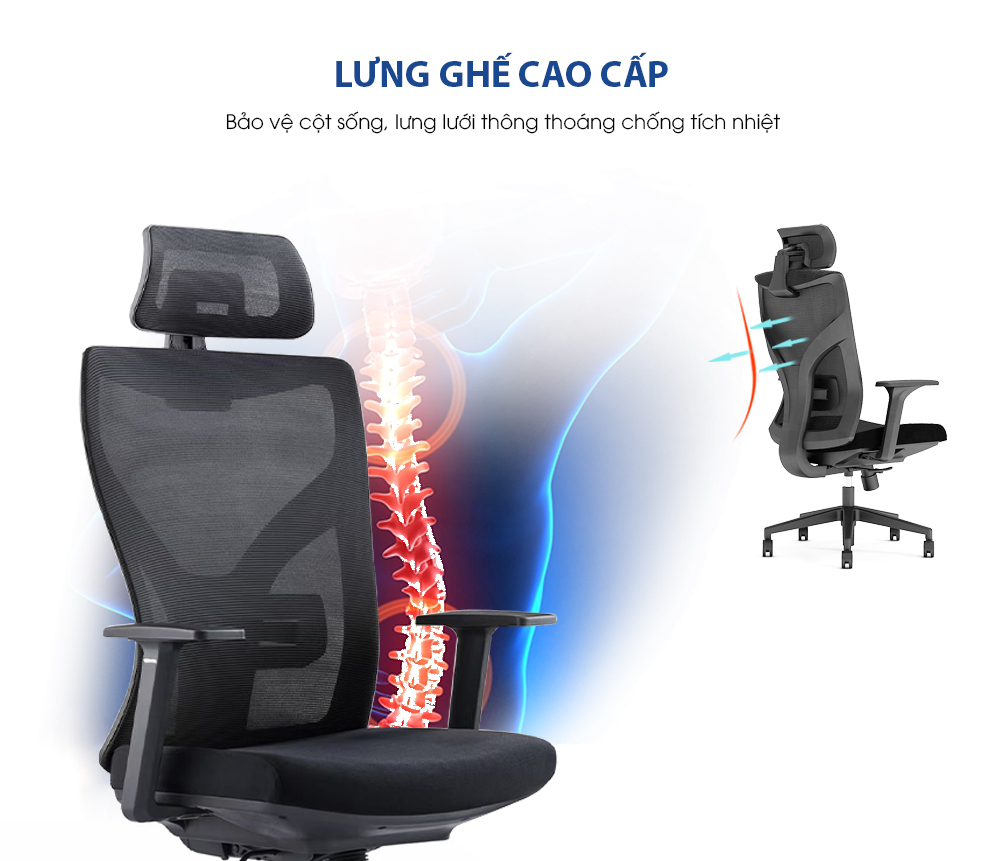 Ghế xoay văn phòng công thái học GOVI R02TD-Tựa đầu điều chỉnh, tựa tay cố định, mâm ghế ngả sau