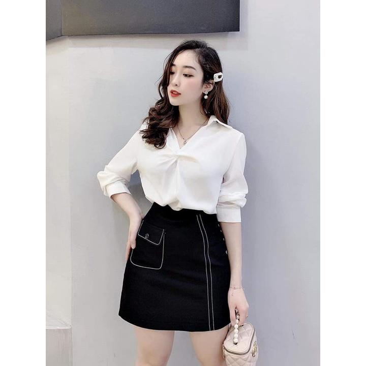Áo sơ mi trắng dài tay, thiết kế xoắn ngực siêu xinh AM 10