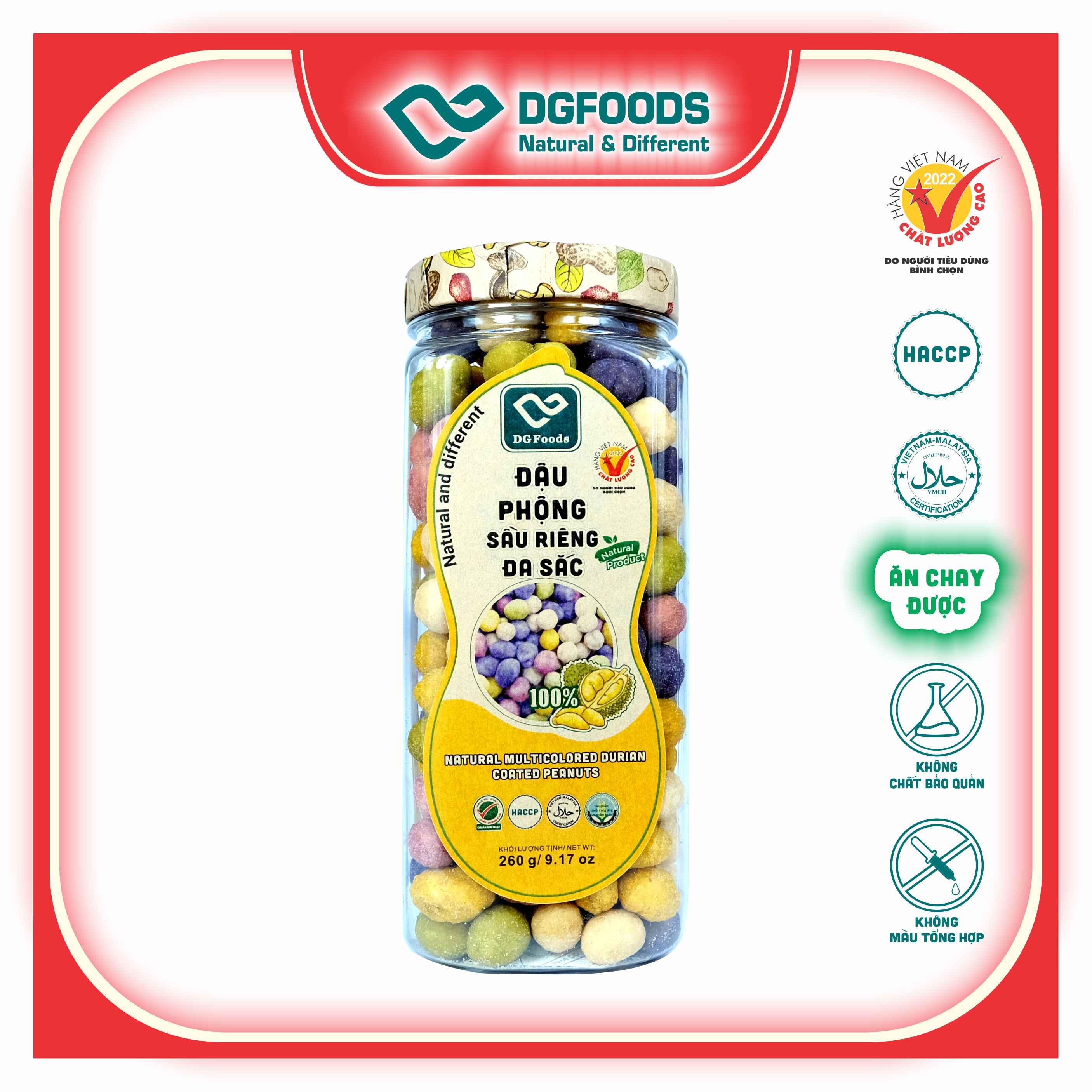 Đậu Phộng Sầu Riêng đa sắc DGfoods 250g/ Natural multicolored durian coated peanuts/ HVNCLC, Haccp, Halal, Ăn chay, Ăn kiêng, Đặc sản Cần Thơ