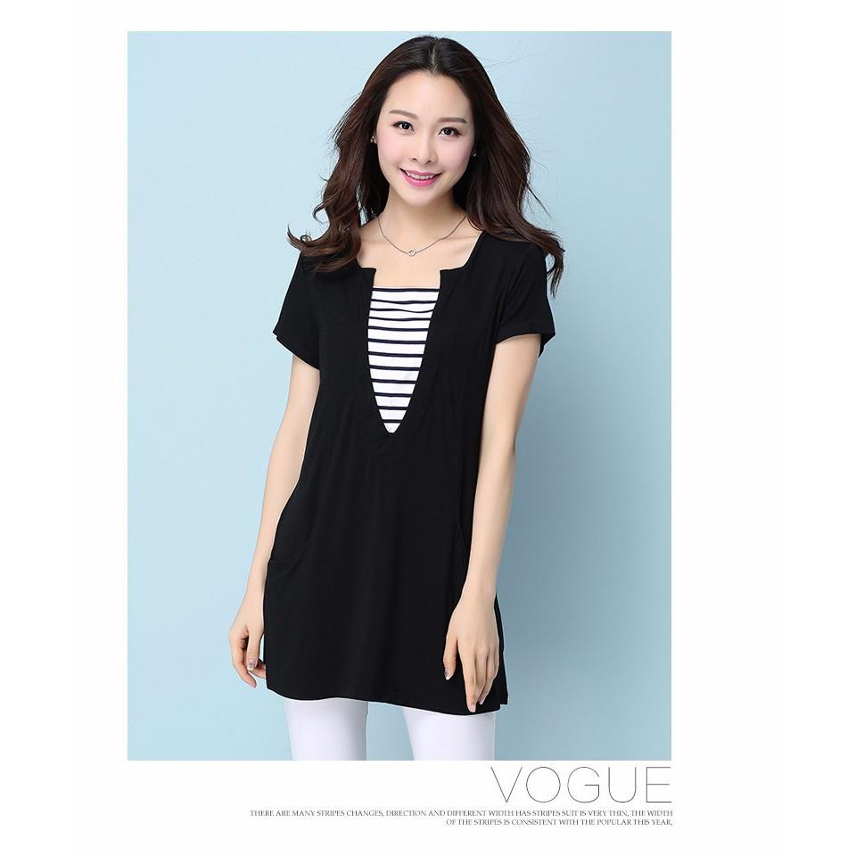 TK186N-ÁO THUN FORM DÀI PHỐI SỌC 2 TÚI S-6XL