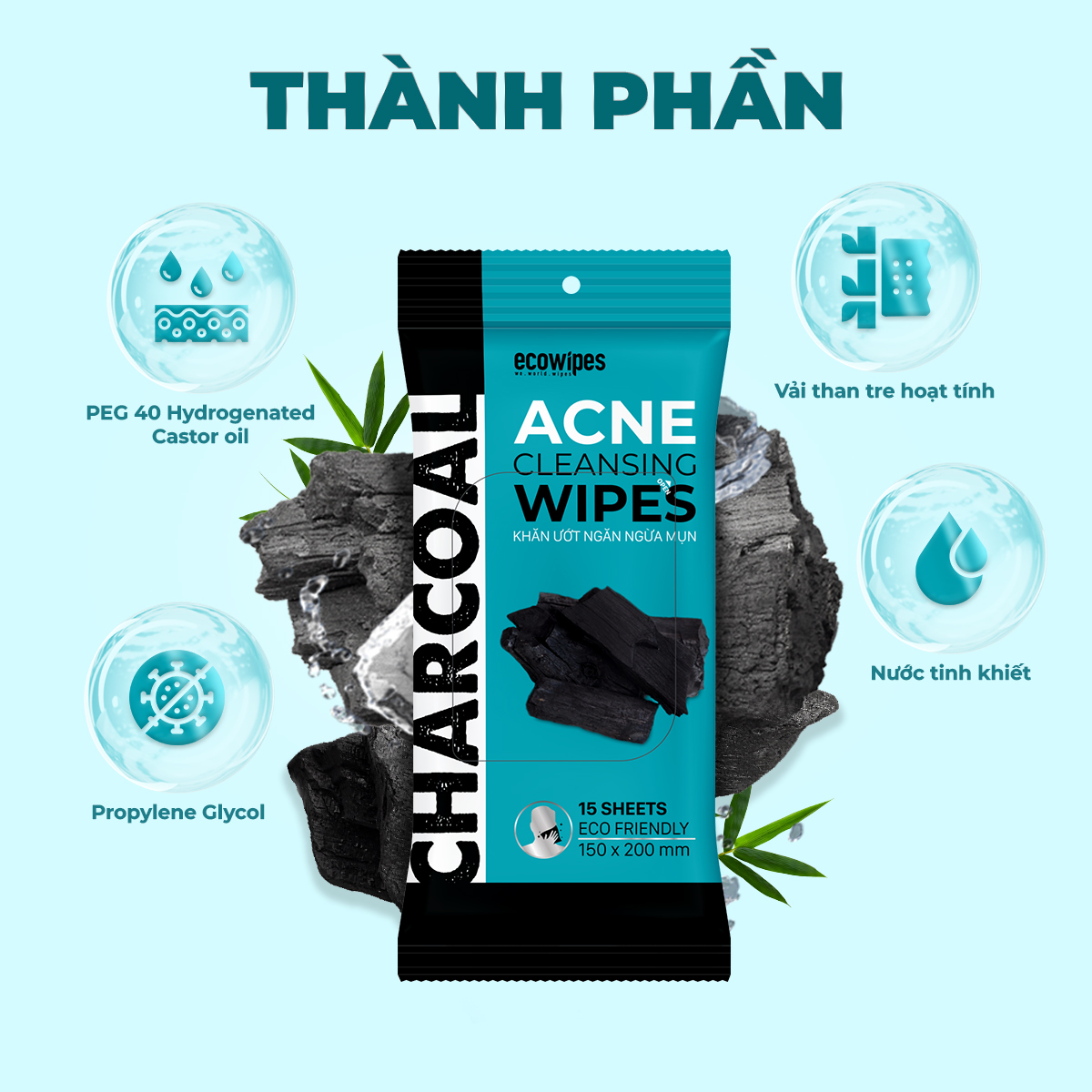 Khăn giấy ướt ngừa mụn than hoạt tính Charcoal Anti Acne Cleansing Wipes gói 15 tờ an toàn cho da