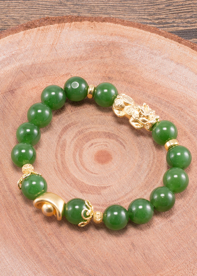 Vòng tay ngọc bích phối tỳ hưu bạc mạ vàng 24k  Ngọc Quý Gemstones