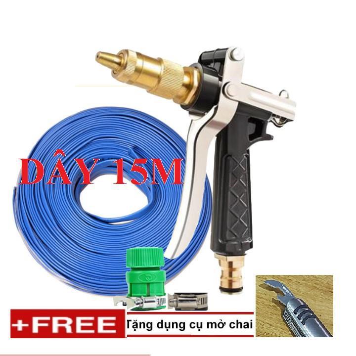 Bộ dây vòi xịt nước rửa xe, tưới cây . tăng áp 3 lần, loại 15m 206236 đầu đồng,đai,nối vàng+ tặng mở chai