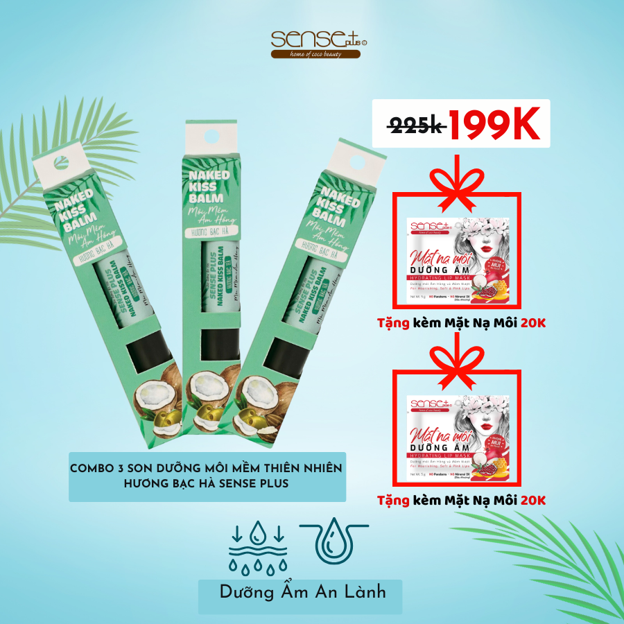 COMBO 3 SON DƯỠNG NAKED KISS BALM SENSE PLUS HƯƠNG BẠC HÀ + TẶNG 2 MIẾNG MẶT NẠ MÔI