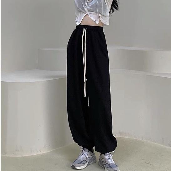 Quần dài cotton cạp cao, quần dài ống rộng phong cách Hàn Quốc_B9