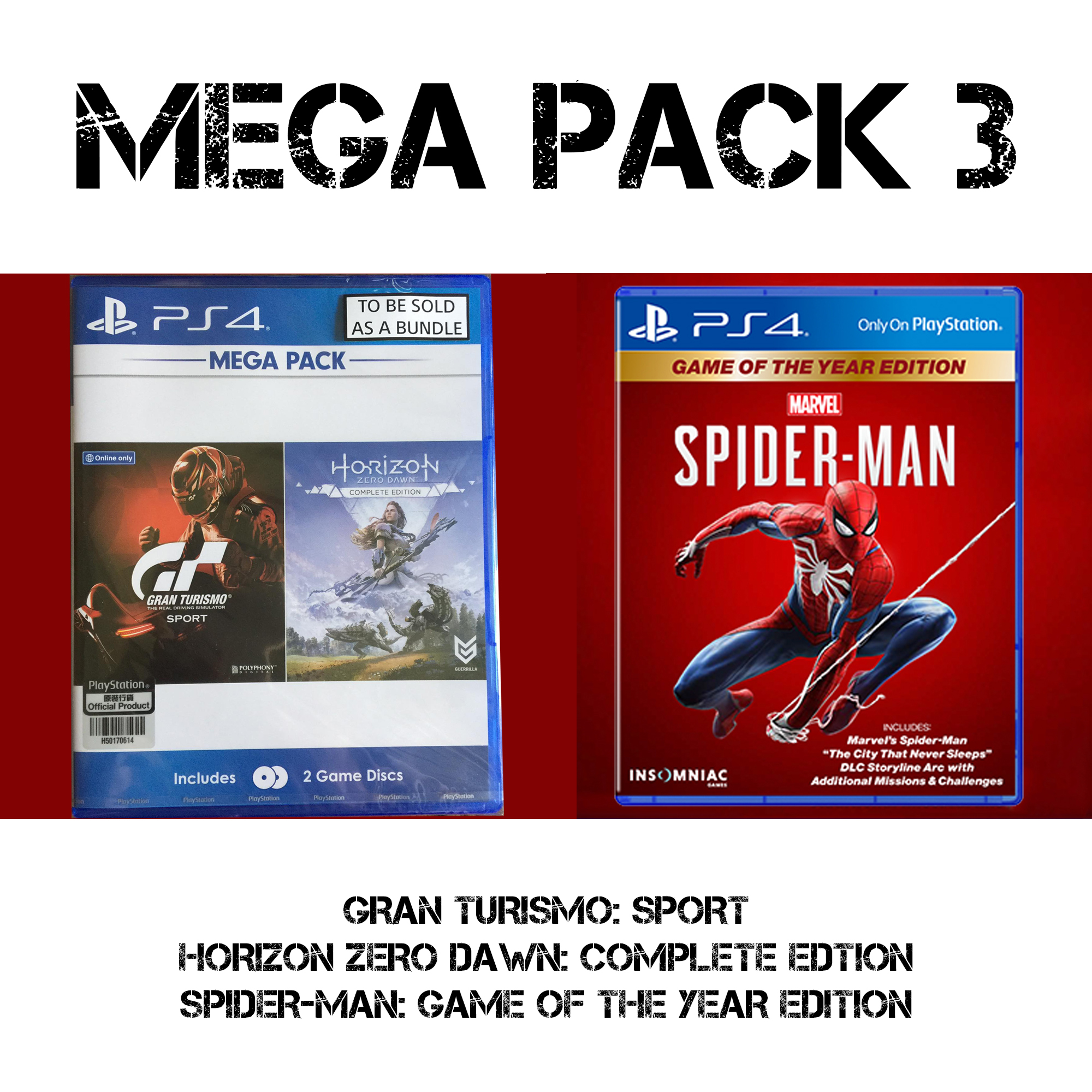 Đĩa Game PS4 Bundle Mega Pack 3 Gran Turismo Sport + Horizon Zero Dawn Complete Edition + Marvel Spider Man Game Of The Year Edition Hệ Asia - Hàng Nhập Khẩu