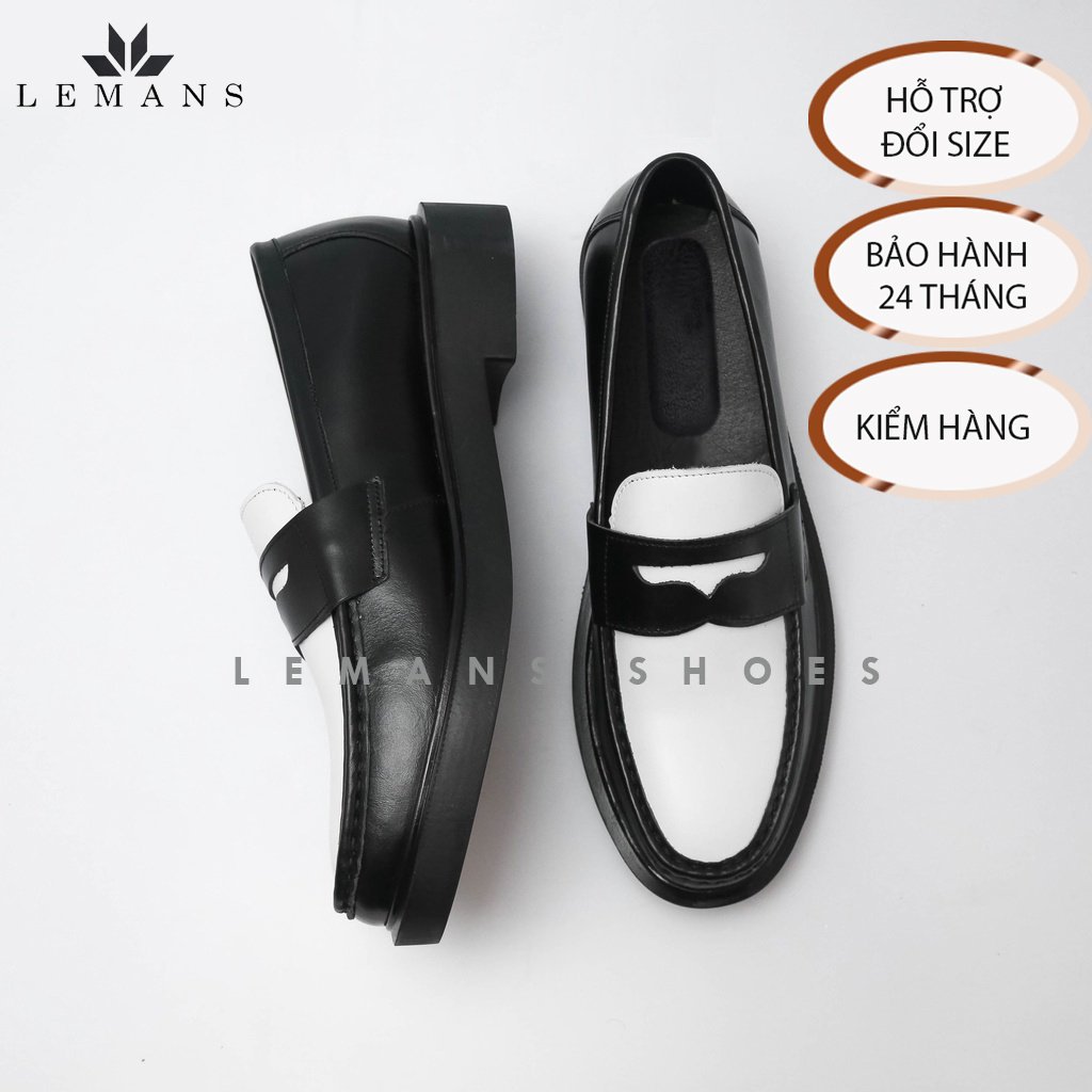 [TẶNG XI KO MÀU] Giày Penny Loafer da bò Trắng đen LEMANS, đế tăng chiều cao 4cm cho nam, giầy da, bảo hành 12-24 tháng