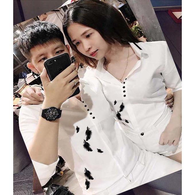 Áo Sơ Mi Cặp Đôi 5 Nút Cách Điệu Họa Tiết | Áo Đôi Nam Nữ Đẹp
