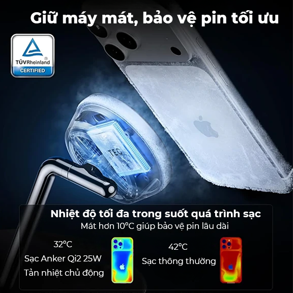 Bộ sạc Anker 25W (đế sạc không dây tản nhiệt A25X7 kèm củ, cáp sạc) Đen (Black) B25X7 - Hàng Chính Hãng